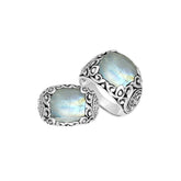 Sterling Silver Balinese Rainbow Moonstone Ring With Artistic Scroll Pattern Design